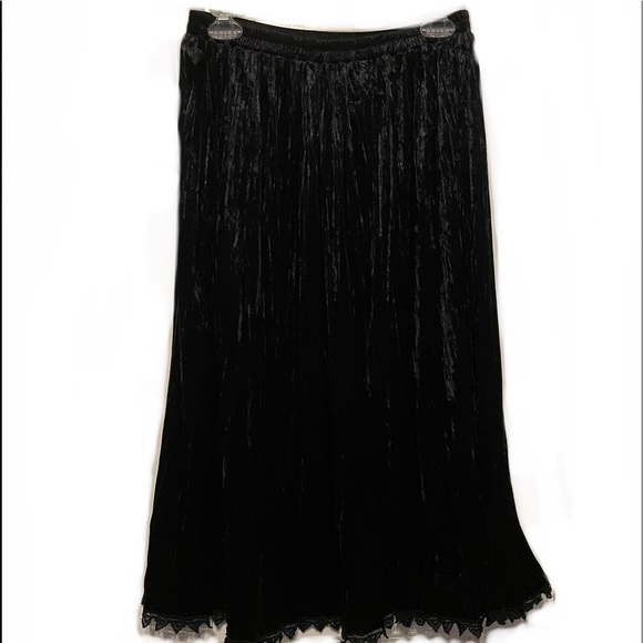 Vintage Crushed Black Velvet Broomstick MIDI Skirt women’s size large - Picture 1 of 8